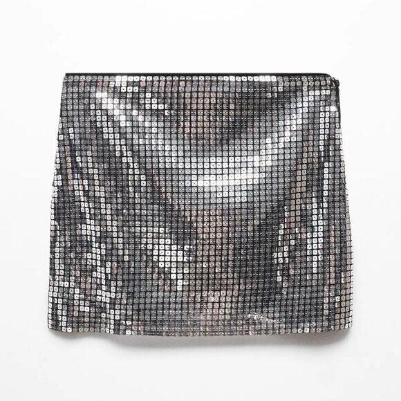NWT MANGO Sequin Mini Skirt Size Large Black Silver Y2K - Picture 1 of 11